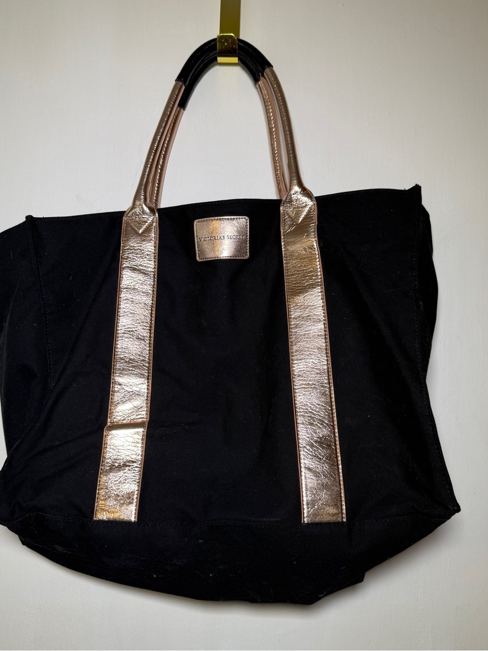 Victoria's Secret Black Canvas Tote with Metallic Rose Gold Handles